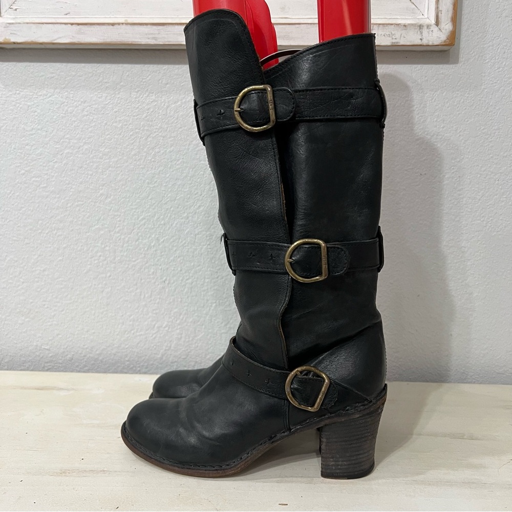 Fiorentini + Baker Black Leather Mid-Calf Heeled Boots with Brass Buckles